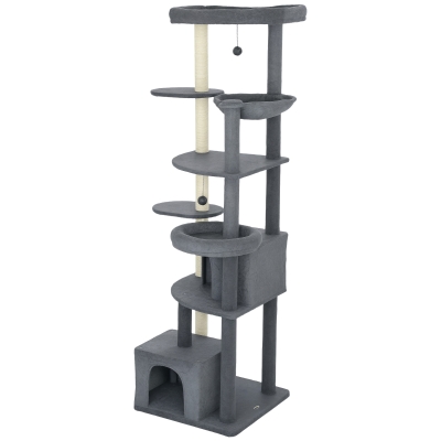 PawHut 79" Extra Tall Cat Tree with Scratching Posts, Perches, Caves, Hammock, Pompoms, for 2-3 Indoor Cats, Dark Grey