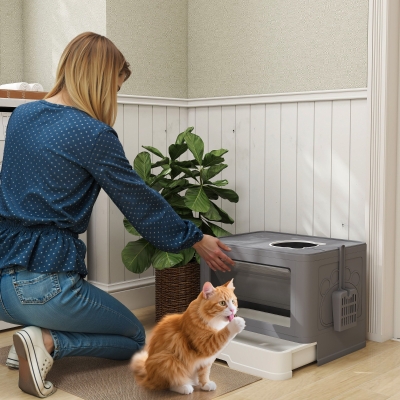 PawHut Cat Litter Box, Front Enter & Top Exit Cat Litter Tray with Scoop, Pull-out Tray, Easy to Clean, Grey