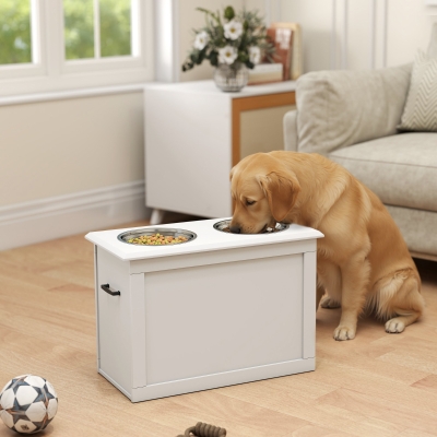 PawHut Large Elevated Pet Feeder with Storage Dog Pet Diner Function 2 Stainless Steel Dog Bowls Elevated Base for Large Dogs and Other Large Pet, White