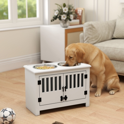 PawHut Raised Dog Bowls with 2 Stainless Bowls, Storage, for XL Dogs, White