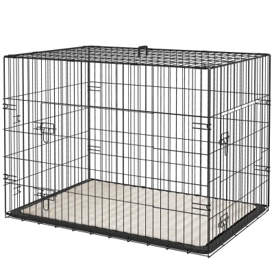 PawHut 35" Dog Crate with 2 Doors, Folding Metal Dog Cage with Soft Cushion, Removable Tray, Handle, Black