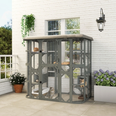 PawHut Catio Outdoor Cat Enclosure, 71" Wooden Cat House with Platforms, Condos and Waterproof Cover for 2–3 Kittens, Grey