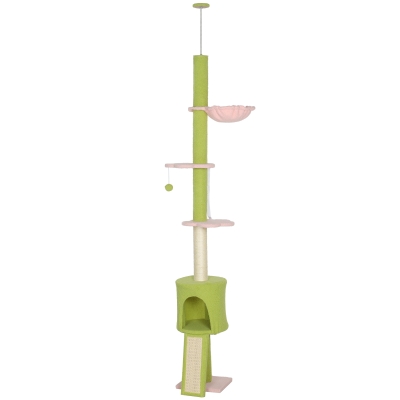 PawHut 87"-94.5" Floor to Ceiling Cat Tree with Sisal Scratching Post, Condo, Hammock, Ramp, Perches, Green