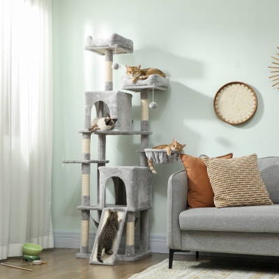 PawHut Cat Tree, 70" Multi-Level Cat Tower with 2 Condos, 2 Beds, Hammock, Toy Balls, Scratching Posts and Board, Light Grey