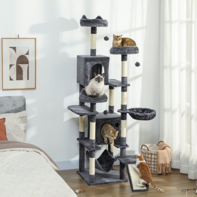 PawHut 76" Large Cat Tree for Indoor Cats with 8 Scratching Posts, 3 Plush Beds, 2 Hammocks, 2 Large Condos, Ramp, Dark Grey