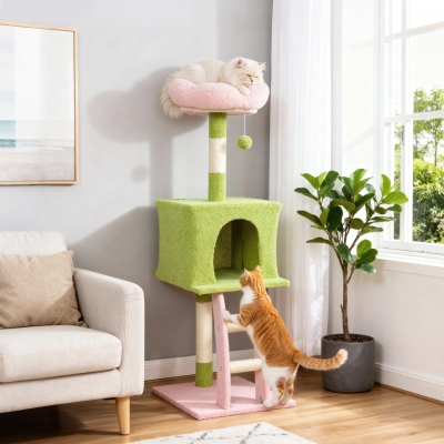 PawHut 48" Flower Cat Tree with Scratching Post, Cozy Bed, Condo, Climbing Ladder, Perch, Dangling Ball, Green
