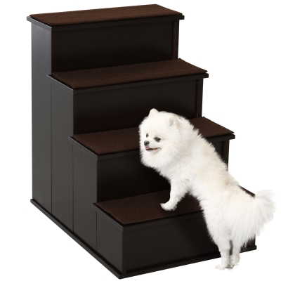 PawHut 4 Levels Wooden Dog Steps Pet Stairs for High Bed, Cat Ladder for Bed Couch with Non-Slip Carpet, Dark Coffee