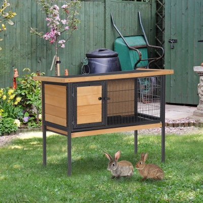 PawHut Rabbit Hutch, Wooden Bunny Cage Indoor Outdoor Bunny Hutch with Tray and Openable Water-Resistant Roof, Yellow
