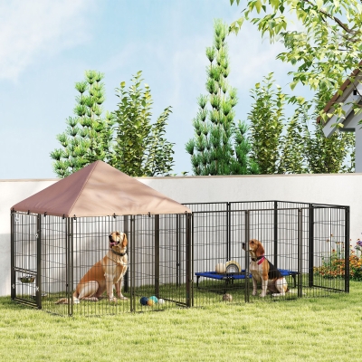 PawHut Outdoor Dog Kennel with Rotating and Adjustable Height Bowls, Waterproof UV-Resistant Cover, 11.3' x 4.7' x 5.1'
