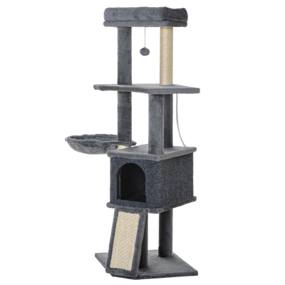 PawHut 50 Inch Cat Tree, Multi-Level Cat Tower with Sisal Scratching Posts and Ramp, Bed, Condo, Hammock, Toy Ball, Grey