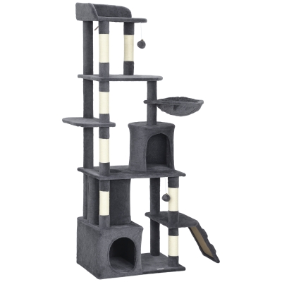 PawHut 67" Large Cat Tree with 7 Scratching Posts, Tunnel, 2 Condos, Hammock, Perch, Ramp, Pompoms, Dark Grey