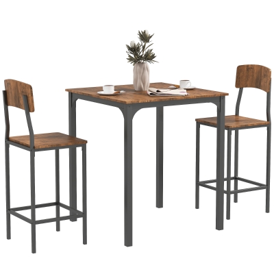 HOMCOM 3-Piece Pub Table Set, Walnut Square Dining with Stools