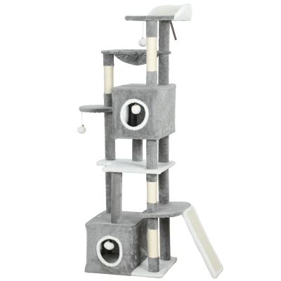 PawHut 65 Inch Cat Tree with 2 Doors Condos, Plush Top Perch, Hammock, Sisal Scratching Posts, 4 Pompoms, Ramp, Grey