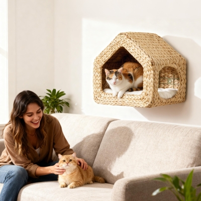 PawHut Cat Wall Shelf, Wall Mounted Cat House with Washable Cushion, Kitty Shelf Furniture for Indoor Kittens, Natural