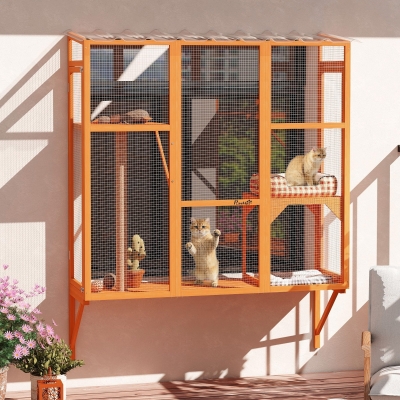 PawHut Wooden Catio Outdoor, Cat Window Box Enclosure for 2-3 Large Cats with 2 Jumping Platforms & Scratching Post, Orange