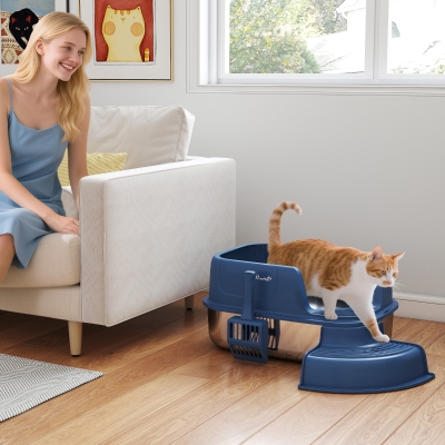 PawHut Stainless Steel Cat Litter Box, Cat Litter Box with High Side and Scoop, Anti-Leakage, Easy to Clean, Navy Blue