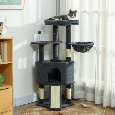 PawHut 47 Inch Cat Tree, Cat Tower for Indoor Cats with Cozy Condo, Bed, Toy Balls, Sisal Scratching Posts, Hammock, Dark Grey