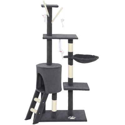 PawHut 53" Cat Tree Tower, Kitten Activity Centre with Scratching Posts, Condo, Perches, Ladder, Hammock, Dangling Toys, Dark Grey