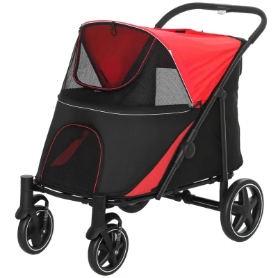 PawHut Foldable Pet Stroller with Universal Front Wheels, Shock Absorber, Dog Cat Carriage for Large & Medium Dogs, Red