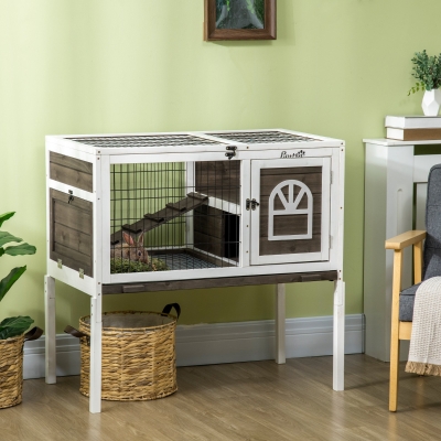 PawHut Rabbit Hutch Dual-Height Design Bunny House with Run Slide-Out Tray White and Coffee