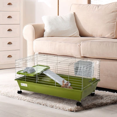 PawHut Small Animal Cage, Rolling Bunny Cage, Guinea Pig Cage with Food Dish, Water Bottle, Hay Feeder, Platform, Ramp, Green