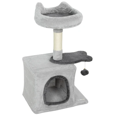 PawHut 28" Cat Tree Tower with Plush Top Bed, Cozy Condo, Sisal Scratching Post, Perch, Dangling Ball, Light Grey