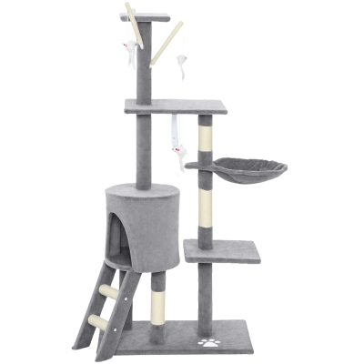 PawHut 53" Cat Tree Tower, Kitten Activity Centre with Scratching Posts, Condo, Perches, Ladder, Hammock, Dangling Toys, Grey