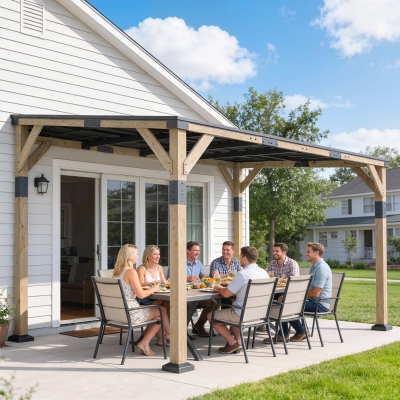 Outsunny 14' x 10' Gazebo, Lean to Galvanized Steel Hardtop Gazebo Pergola with Wood Frame, Patio Gazebo Awning, Dark Grey