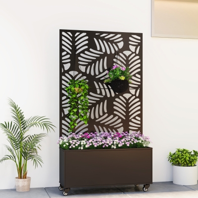 Outsunny Metal Planter Box with Trellis, Raised Garden Bed with Monstera Leaf Cut-Out Privacy Screen and Wheels