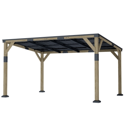 Outsunny 14' x 10' Gazebo, Lean to Galvanized Steel Hardtop Gazebo Pergola with Wood Frame, Patio Gazebo Awning, Dark Grey
