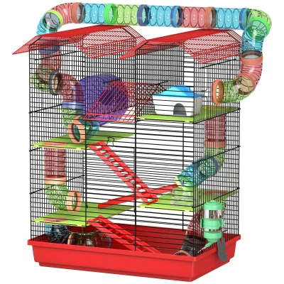 PawHut 18.5" Hamster Cage, 5 Tiers Small Animal House with Tunnel Tube System, Exercise Wheel, Water Bottle, Red