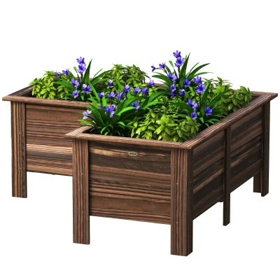 Outsunny Raised Garden Bed, Wooden Elevated Planter Box Outdoor with Legs, for Vegetables, Flowers, Herbs, L-shaped, Carbonized
