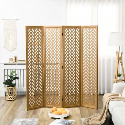 HOMCOM 4 Panel Room Divider, 5.6ft Tall Wood Folding Privacy Screens, Freestanding Partition Wall Dividers, Light Brown