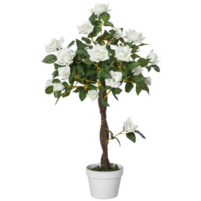 Outsunny 3FT Artificial Plant White Rose Floral in Pot, Fake Plant for Home Indoor Decor