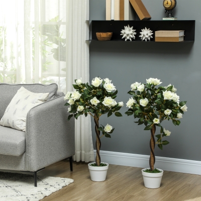 Outsunny 3FT Artificial Plant White Rose Floral Set of 2 in Pot, Fake Plant for Home Indoor Decor