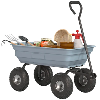 Outsunny Steel Garden Cart with Handle and 10" Pneumatic Tires, Utility Wagon Cart for Garden Patio Lawn, 551lbs Capacity, Grey