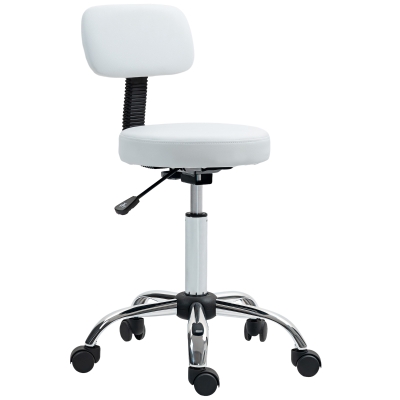 HOMCOM Adjustable Rolling Stool with Removable Backrest, Faux Leather Swivel Stool Chair for Salon Spa, Bar, Massage, White