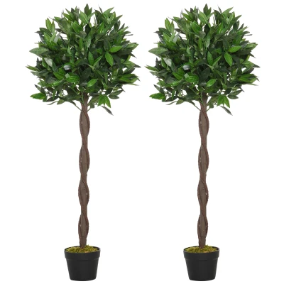 Outsunny 4FT Artificial Laurel Tree Set of 2, Lifelike Fake Plant with 564 Leaves, Potted Fake Plant for Home Office Decor, Green