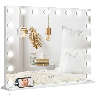 HOMCOM Hollywood Vanity Mirror with Lights, 31.5" x 24.4" Lighted Makeup Mirror with 3 Colour, 10X Magnifying, USB Port, White
