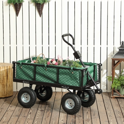 Outsunny Steel Garden Cart, Utility Wagon Cart with Removable Liner, Quick-Release Sides, 10" Wheels, 660lbs Capacity, Green
