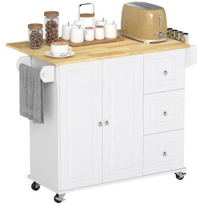 HOMCOM Kitchen Island on Wheels, Kitchen Cart with Drop Leaf, Drawers, White