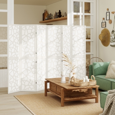 HOMCOM 6 Panel Room Divider, 5.6 FT Lightweight Folding Privacy Screen with Geometric Pattern for Living Room, Bedroom, White