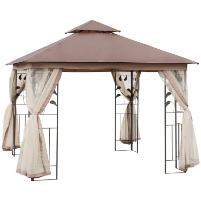 Outsunny 10'x10' Soft-top Steel Patio Gazebo Outdoor Sun Shelter with 2-Tier Polyester Roof, Curtain Sidewalls, Brown