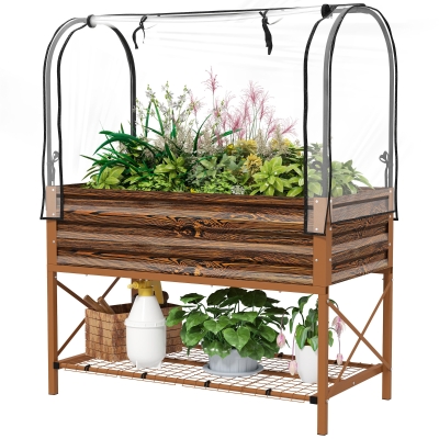 Outsunny Raised Garden Bed with Cover, Metal Elevated Planter Box with Bottom Shelf and Liner, Dark Brown Wood Effect