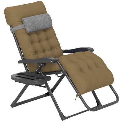 Outsunny Padded Folding Recliner Chair, Patio Lounger with Cupholder, Adjustable Backrest, Removable Cushion, Light Khaki