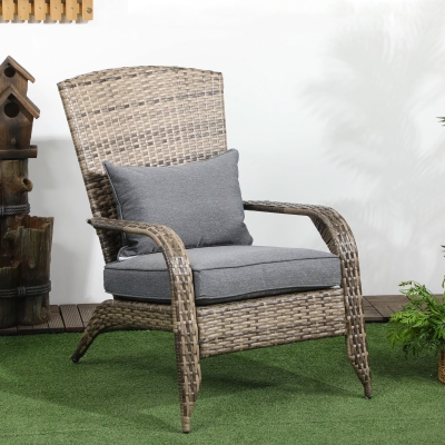Outsunny Wicker Adirondack Chair, PE Rattan Outdoor Fire Pit Chair Muskoka Chair with Cushions, Mixed Grey