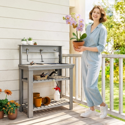 Outsunny Outdoor Potting Bench Table with Faucet, Removable Sink, Hooks and Storage Shelves, Wood Work Bench Workstation, Grey