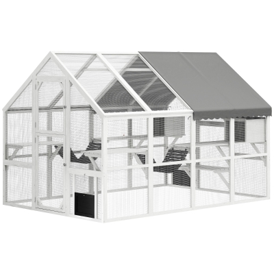 PawHut Outdoor Cat Enclosure Wooden Feral Cat House w/ Weatherproof Canopy, Bridges, Resting Boxes, Platforms, for 3-6 Cats