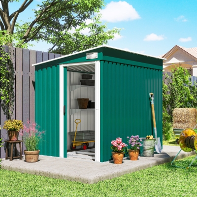 Outsunny 5'x7' Lean to Galvanized Metal Shed with Foundation, Garden Tool Storage House with Sliding Door and 2 Vents, Green