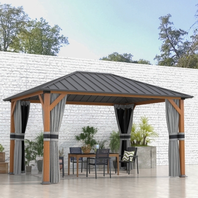 Outsunny 13' x 10' Hardtop Gazebo with Netting Sidewalls and Curtains, Galvanized Steel Outdoor Gazebo Canopy for Garden